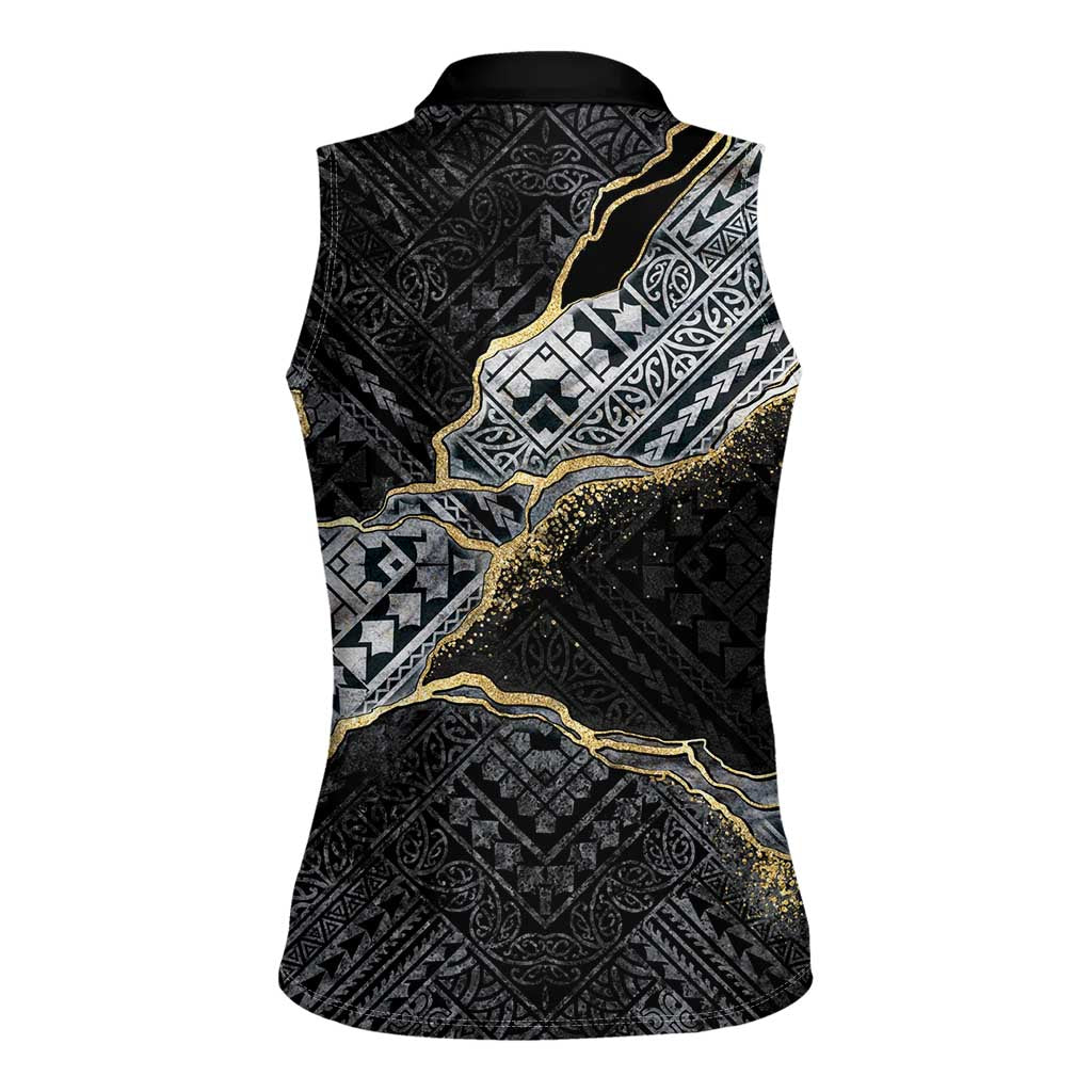 Polynesian Tribal Tattoo Women Sleeveless Polo Shirt Dark Marble Pattern