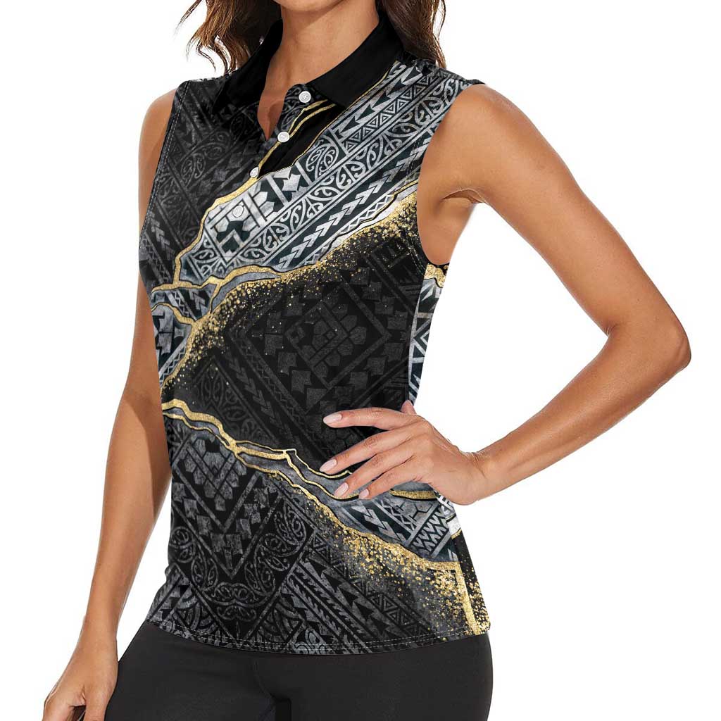 Polynesian Tribal Tattoo Women Sleeveless Polo Shirt Dark Marble Pattern