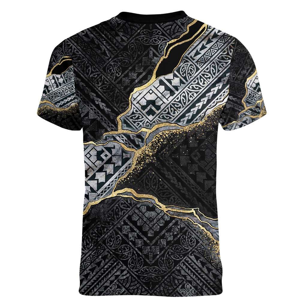 Polynesian Tribal Tattoo Women V-Neck T-Shirt Dark Marble Pattern