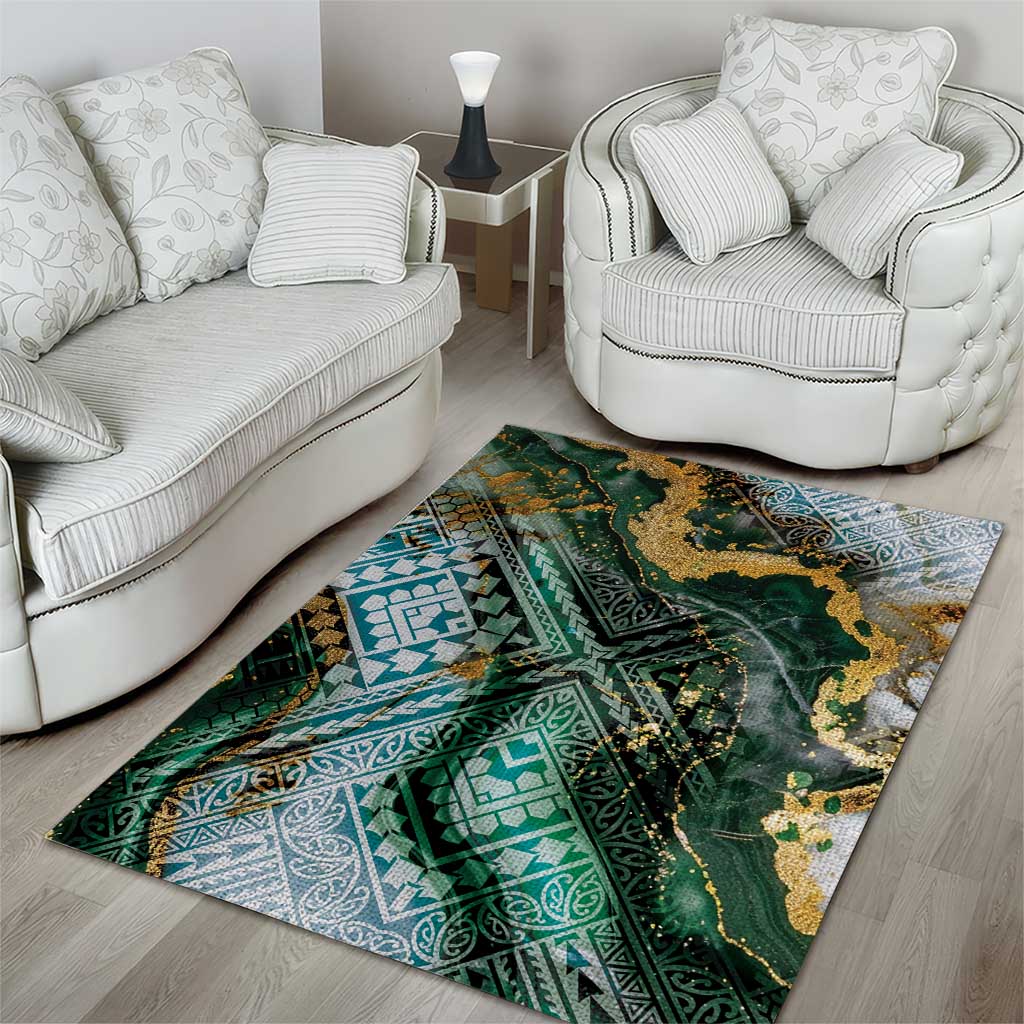 Polynesian Tribal Tattoo Area Rug Green Marble Pattern