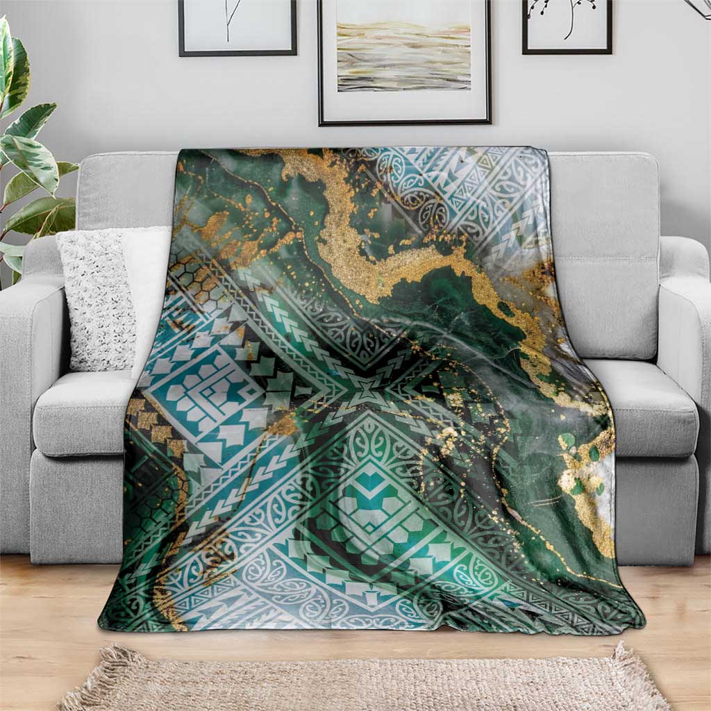 Polynesian Tribal Tattoo Blanket Green Marble Pattern