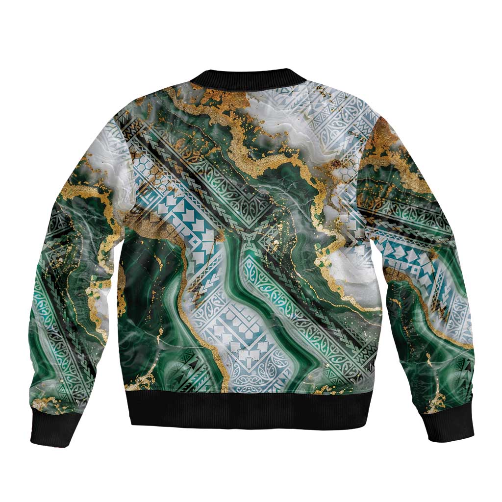 Polynesian Tribal Tattoo Bomber Jacket Green Marble Pattern