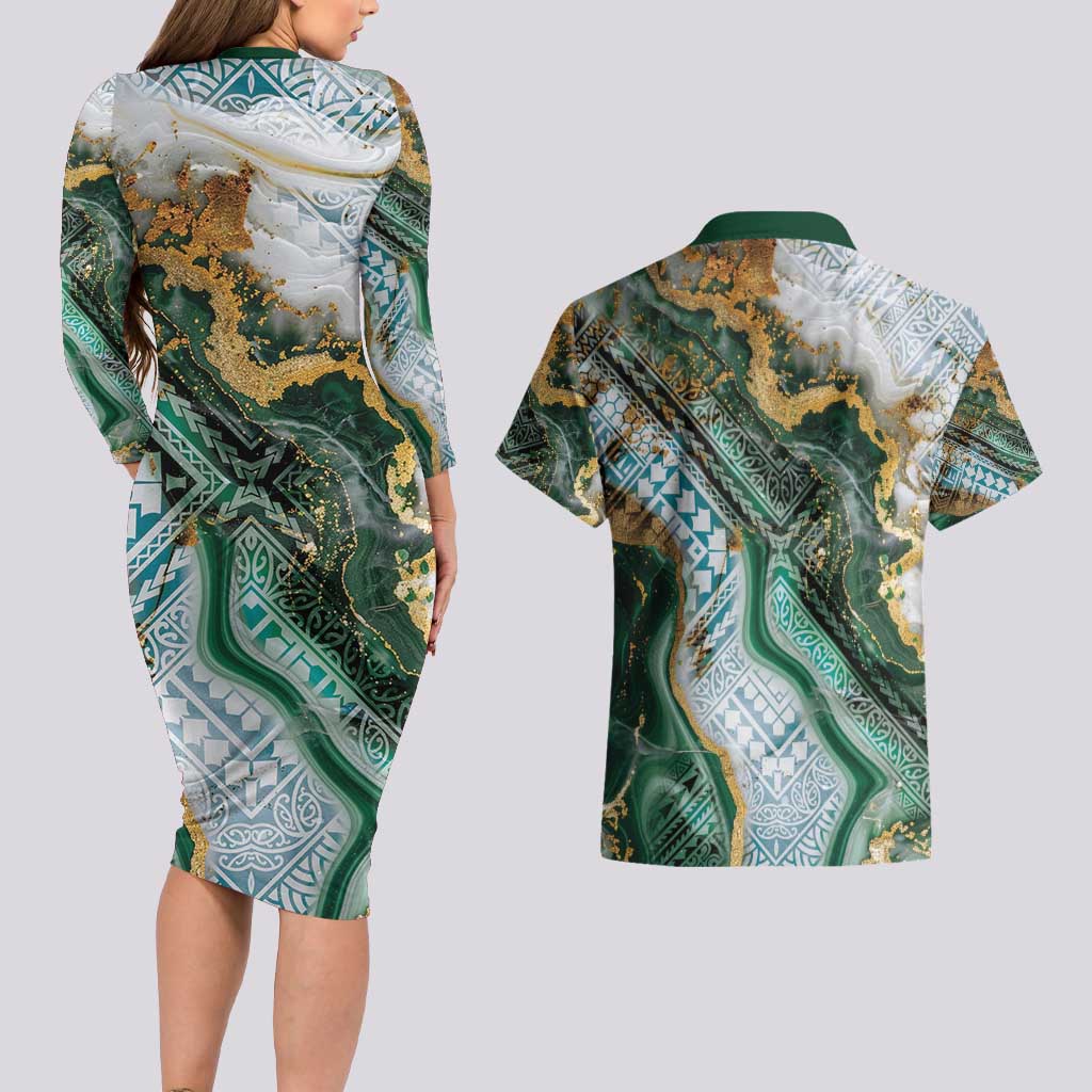 Polynesian Tribal Tattoo Couples Matching Long Sleeve Bodycon Dress and Hawaiian Shirt Green Marble Pattern