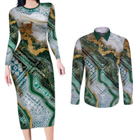 Polynesian Tribal Tattoo Couples Matching Long Sleeve Bodycon Dress and Long Sleeve Button Shirt Green Marble Pattern LT9 Green - Polynesian Pride