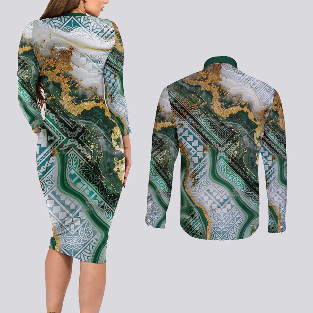 Polynesian Tribal Tattoo Couples Matching Long Sleeve Bodycon Dress and Long Sleeve Button Shirt Green Marble Pattern LT9 - Polynesian Pride