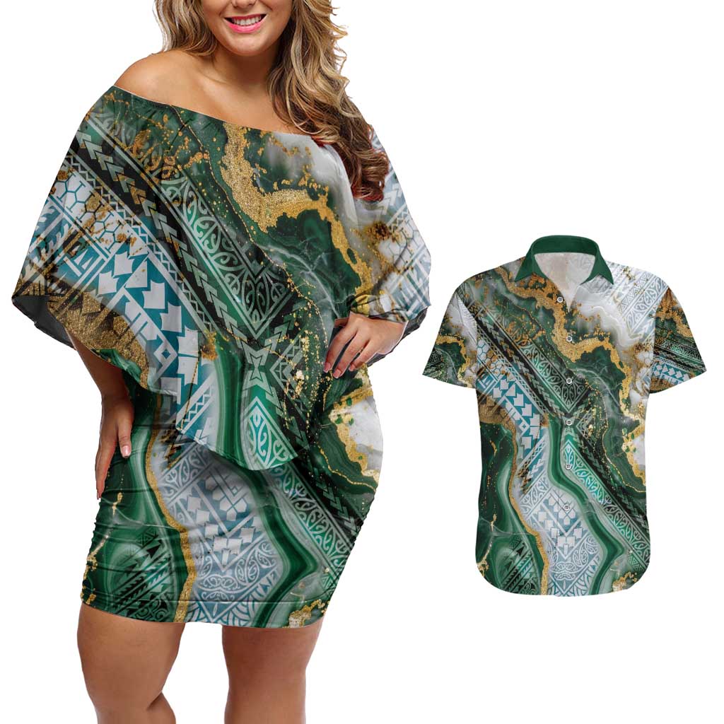 Polynesian Tribal Tattoo Couples Matching Off Shoulder Short Dress and Hawaiian Shirt Green Marble Pattern