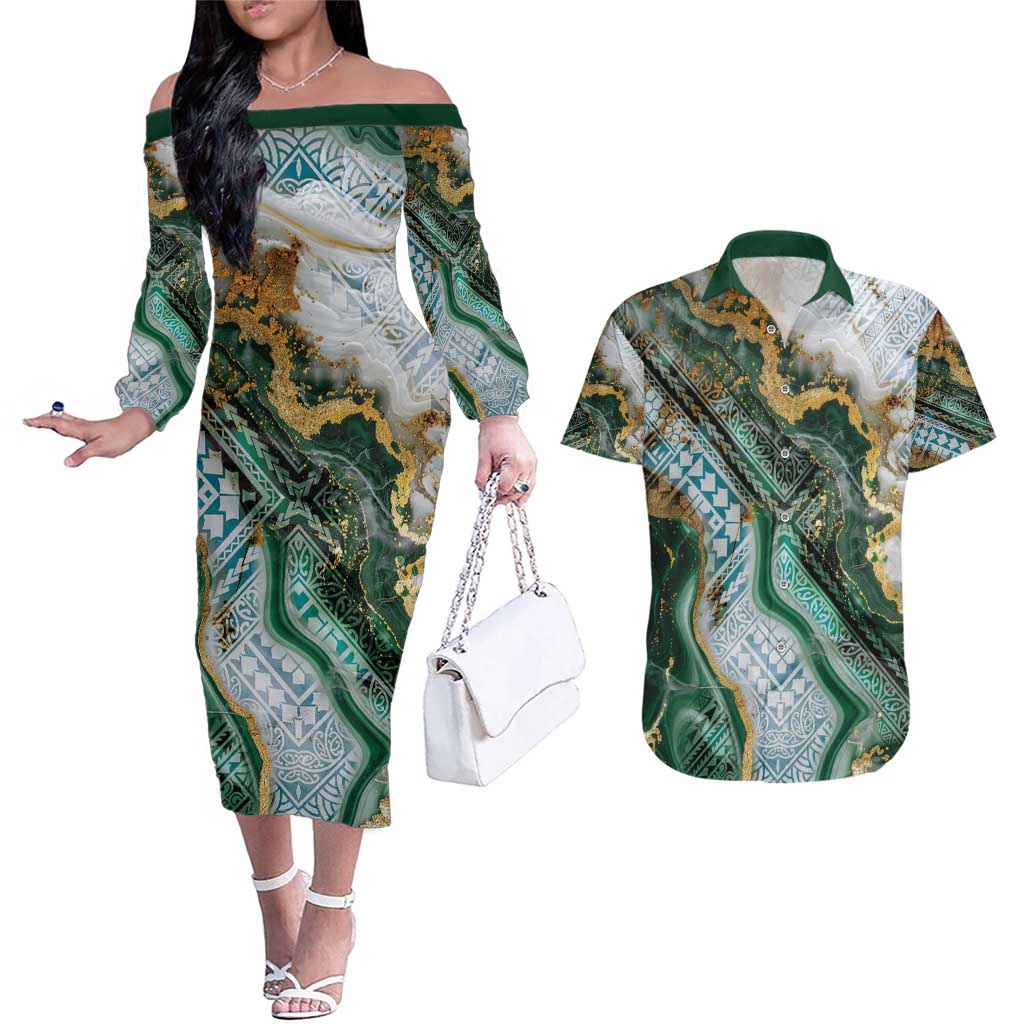 Polynesian Tribal Tattoo Couples Matching Off The Shoulder Long Sleeve Dress and Hawaiian Shirt Green Marble Pattern