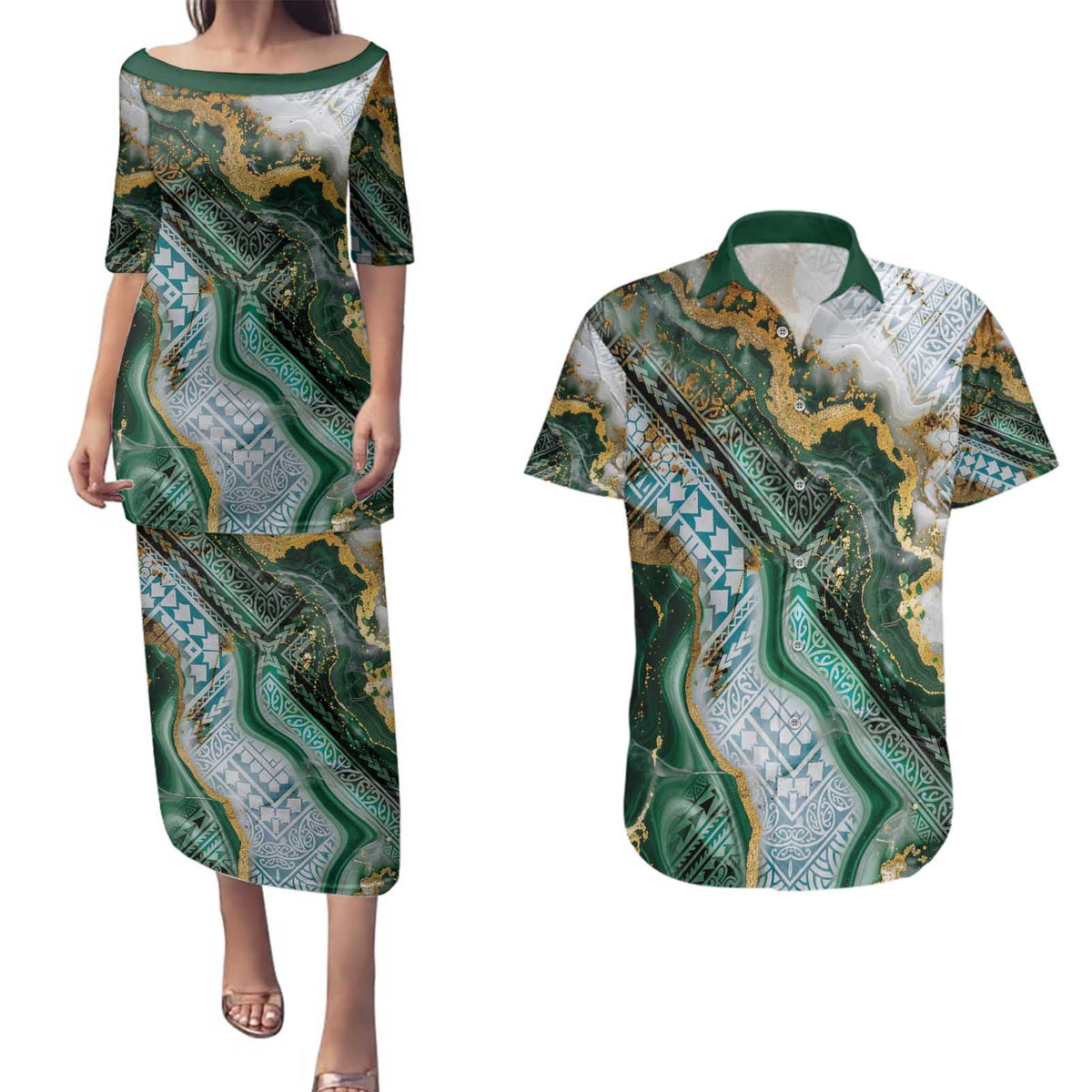 Polynesian Tribal Tattoo Couples Matching Puletasi and Hawaiian Shirt Green Marble Pattern