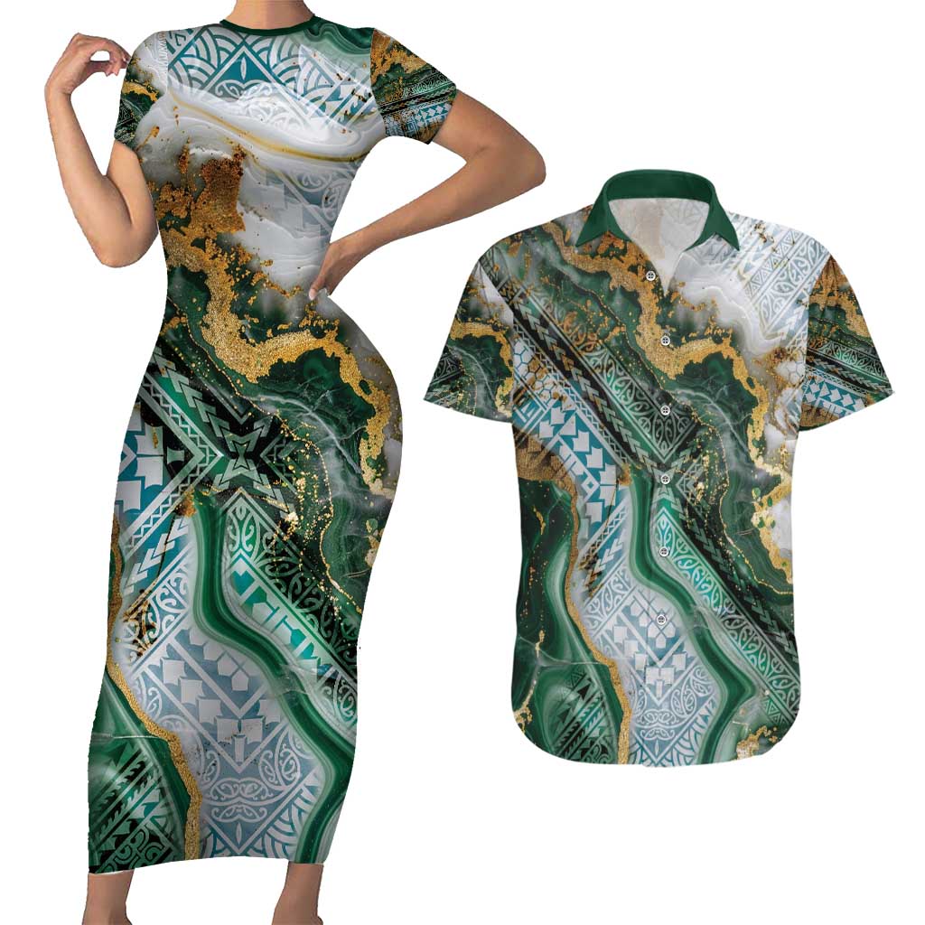 Polynesian Tribal Tattoo Couples Matching Short Sleeve Bodycon Dress and Hawaiian Shirt Green Marble Pattern