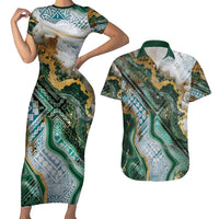 Polynesian Tribal Tattoo Couples Matching Short Sleeve Bodycon Dress and Hawaiian Shirt Green Marble Pattern