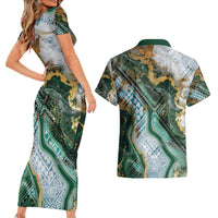 Polynesian Tribal Tattoo Couples Matching Short Sleeve Bodycon Dress and Hawaiian Shirt Green Marble Pattern