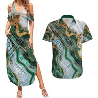 Polynesian Tribal Tattoo Couples Matching Summer Maxi Dress and Hawaiian Shirt Green Marble Pattern