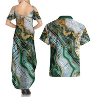 Polynesian Tribal Tattoo Couples Matching Summer Maxi Dress and Hawaiian Shirt Green Marble Pattern