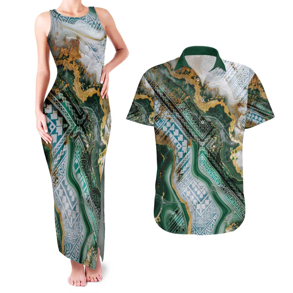 Polynesian Tribal Tattoo Couples Matching Tank Maxi Dress and Hawaiian Shirt Green Marble Pattern