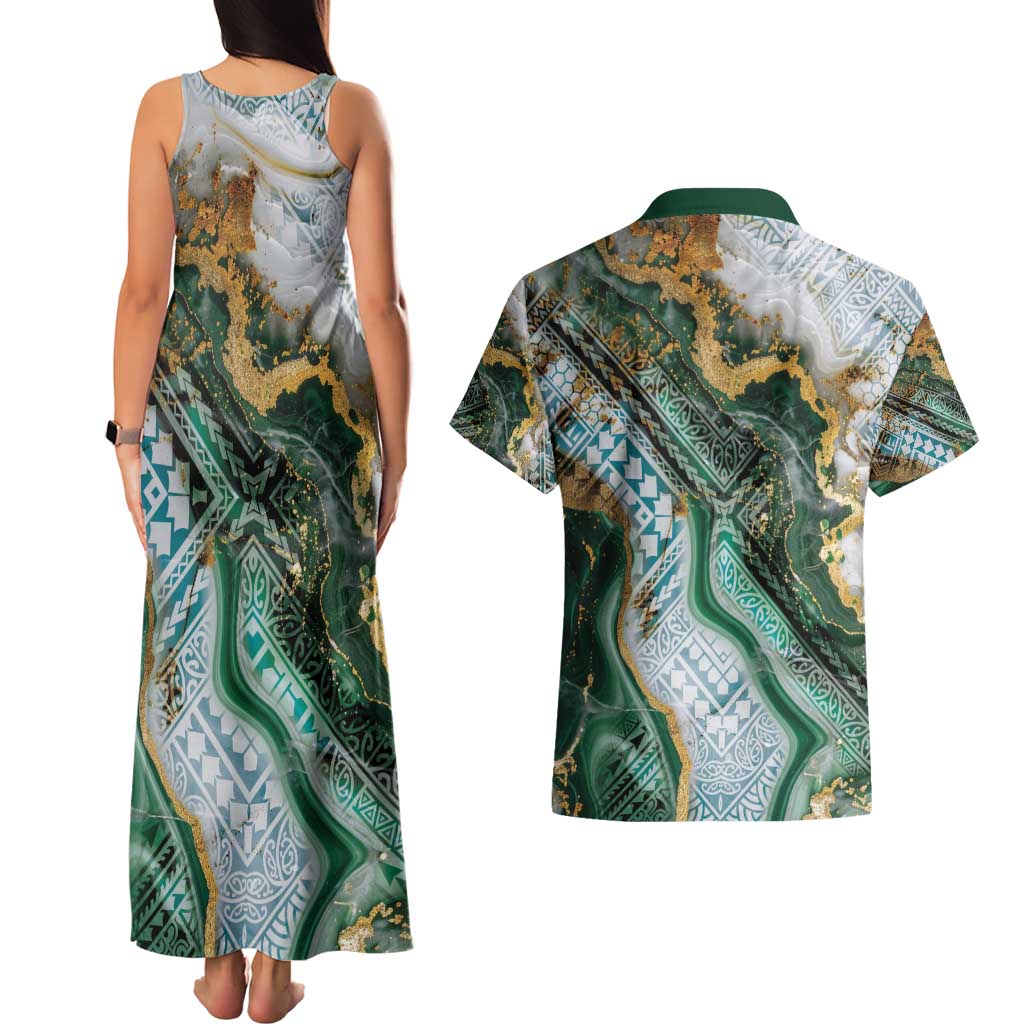 Polynesian Tribal Tattoo Couples Matching Tank Maxi Dress and Hawaiian Shirt Green Marble Pattern