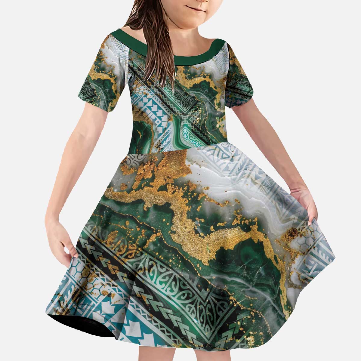 Polynesian Tribal Tattoo Family Matching Off The Shoulder Long Sleeve Dress and Hawaiian Shirt Green Marble Pattern