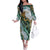 Polynesian Tribal Tattoo Family Matching Off The Shoulder Long Sleeve Dress and Hawaiian Shirt Green Marble Pattern