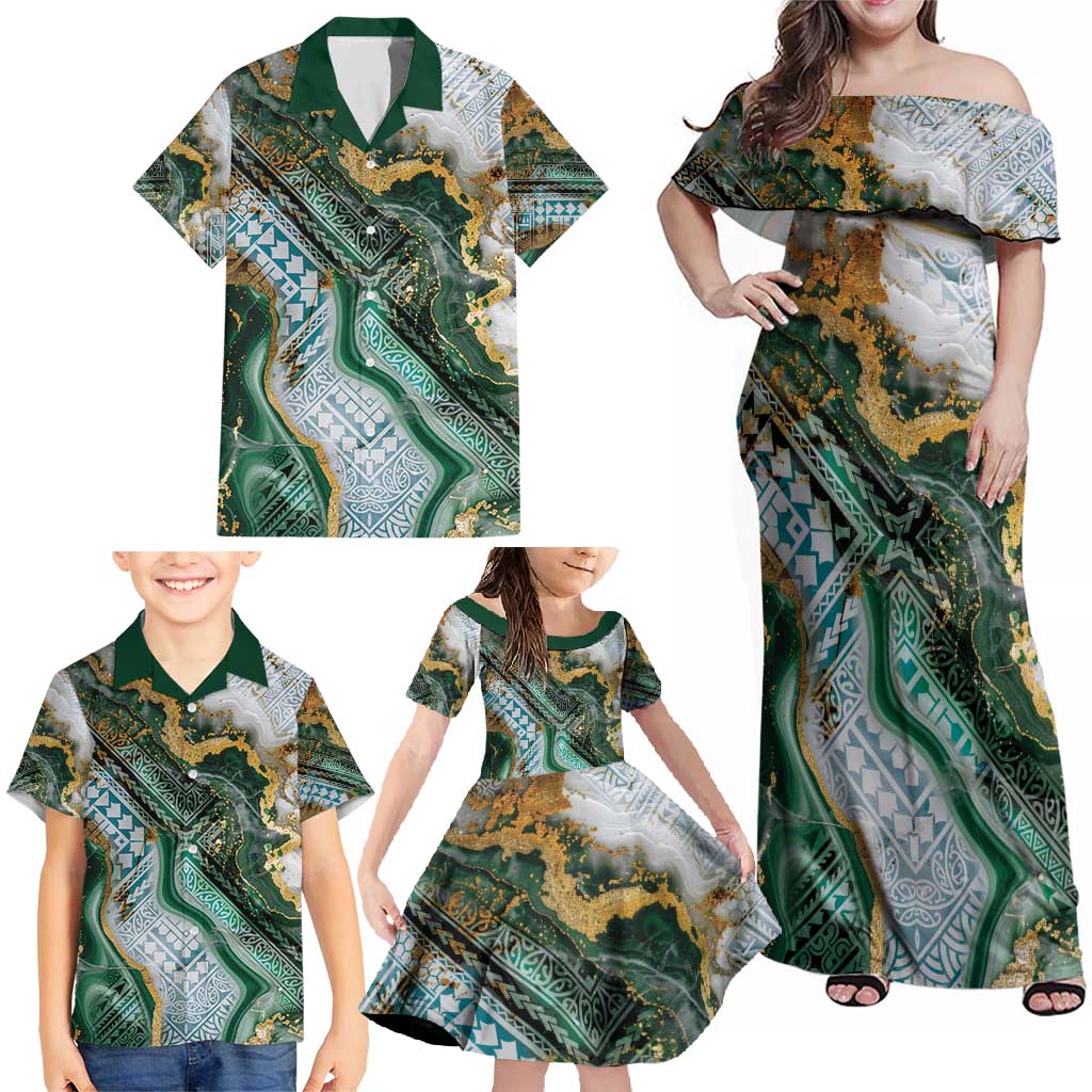 Polynesian Tribal Tattoo Family Matching Off Shoulder Maxi Dress and Hawaiian Shirt Green Marble Pattern