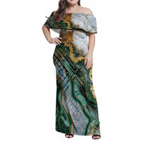 Polynesian Tribal Tattoo Family Matching Off Shoulder Maxi Dress and Hawaiian Shirt Green Marble Pattern