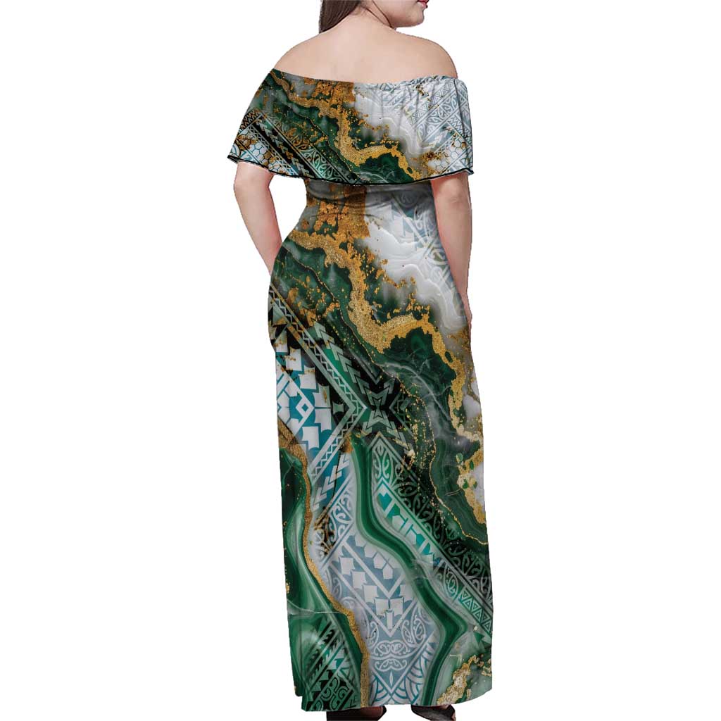 Polynesian Tribal Tattoo Family Matching Off Shoulder Maxi Dress and Hawaiian Shirt Green Marble Pattern
