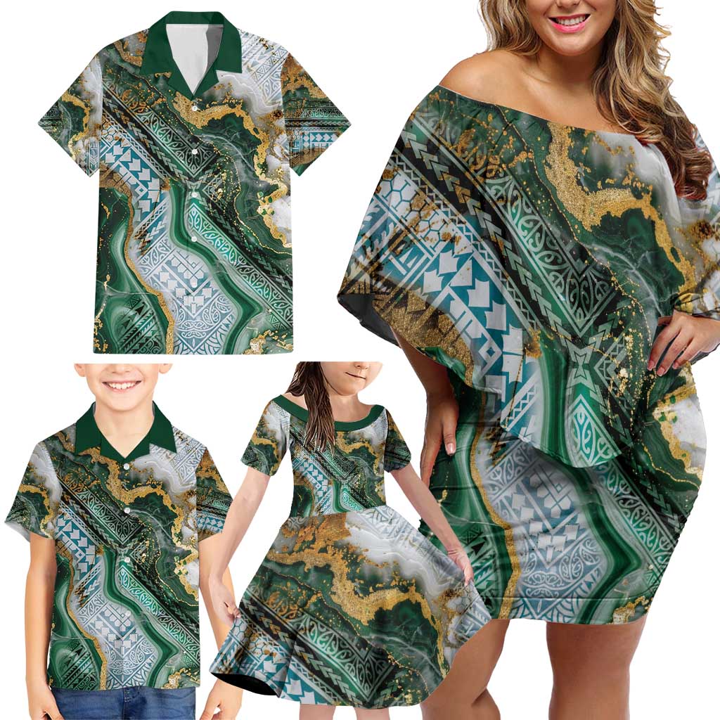 Polynesian Tribal Tattoo Family Matching Off Shoulder Short Dress and Hawaiian Shirt Green Marble Pattern