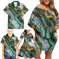 Polynesian Tribal Tattoo Family Matching Off Shoulder Short Dress and Hawaiian Shirt Green Marble Pattern