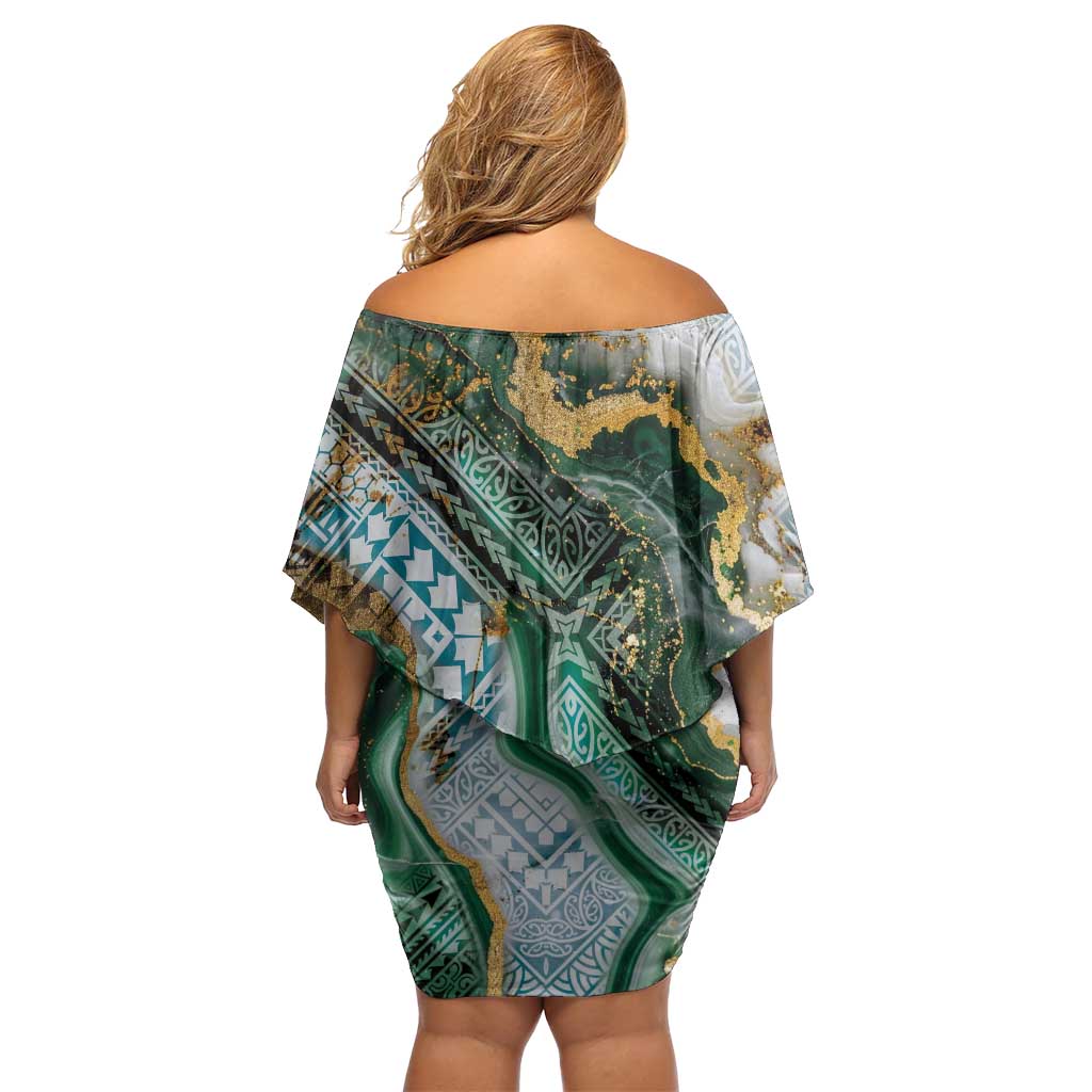 Polynesian Tribal Tattoo Family Matching Off Shoulder Short Dress and Hawaiian Shirt Green Marble Pattern