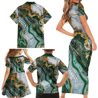 Polynesian Tribal Tattoo Family Matching Short Sleeve Bodycon Dress and Hawaiian Shirt Green Marble Pattern