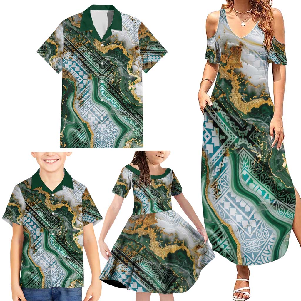 Polynesian Tribal Tattoo Family Matching Summer Maxi Dress and Hawaiian Shirt Green Marble Pattern