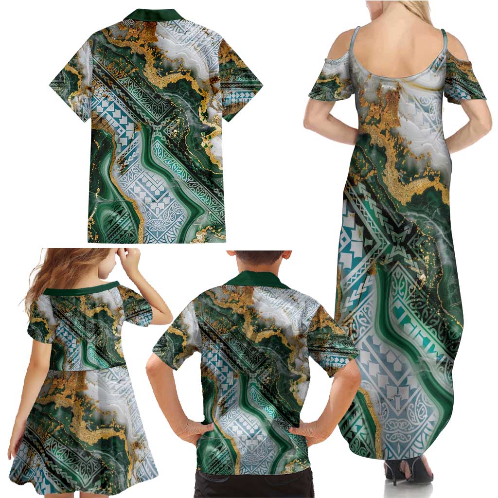 Polynesian Tribal Tattoo Family Matching Summer Maxi Dress and Hawaiian Shirt Green Marble Pattern