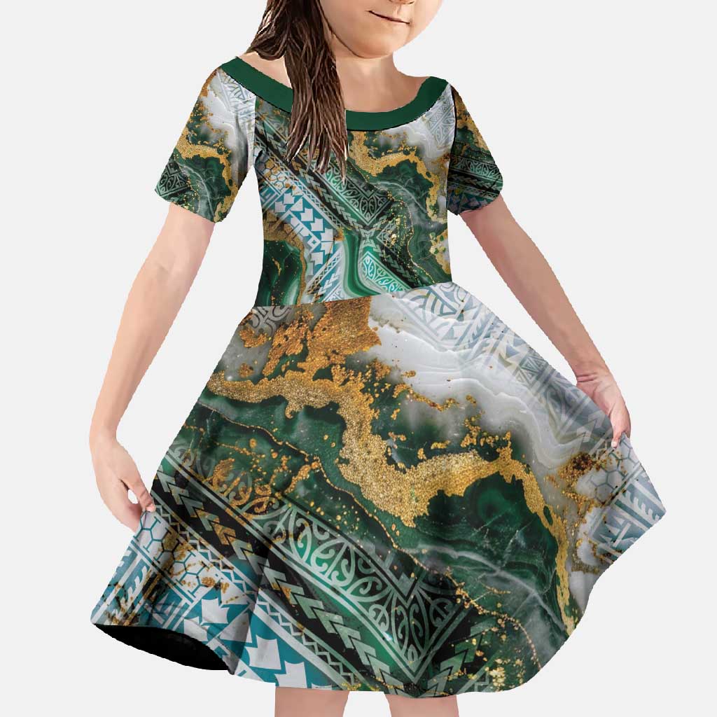 Polynesian Tribal Tattoo Family Matching Tank Maxi Dress and Hawaiian Shirt Green Marble Pattern LT9 Daughter's Dress Green - Polynesian Pride