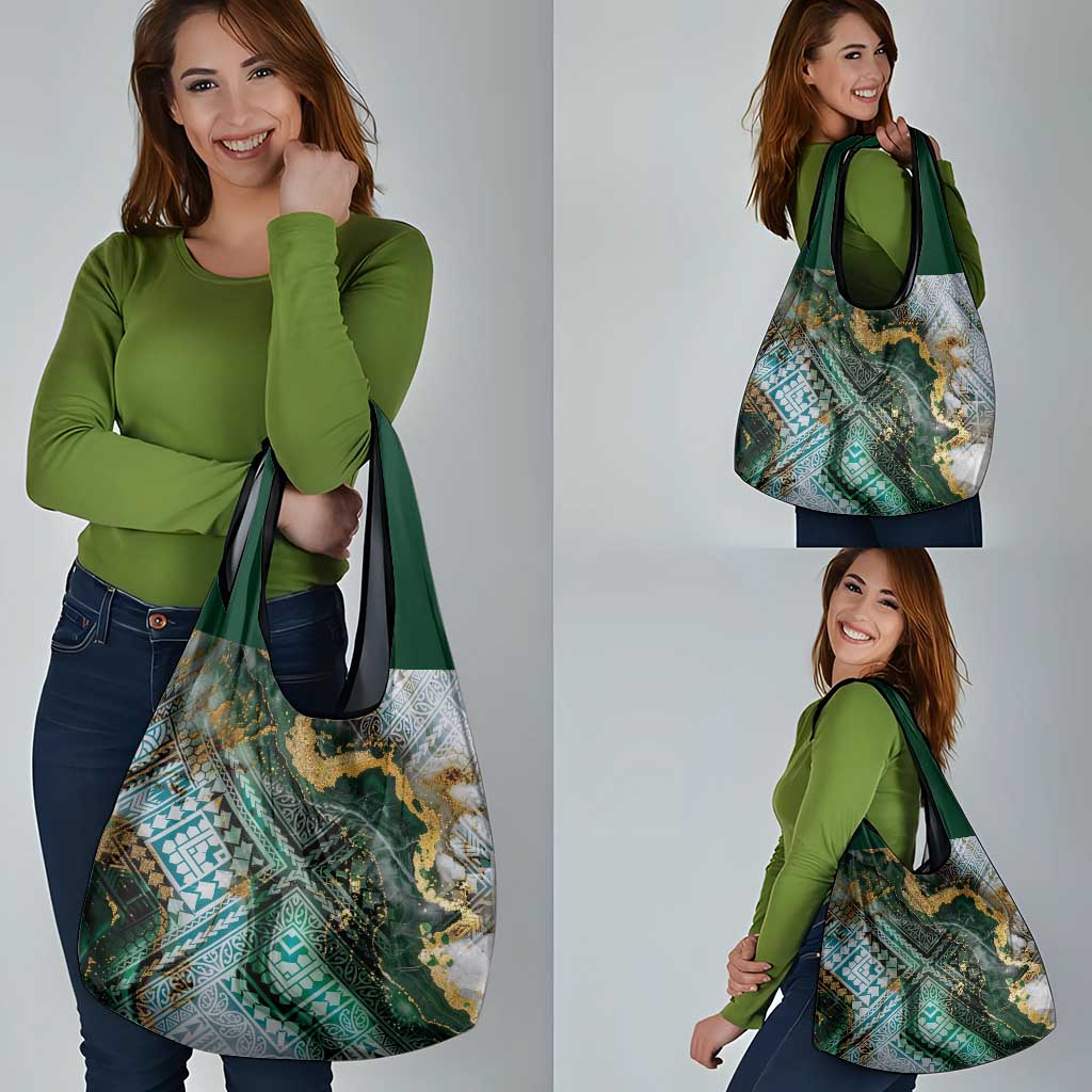 Polynesian Tribal Tattoo Grocery Bag Green Marble Pattern