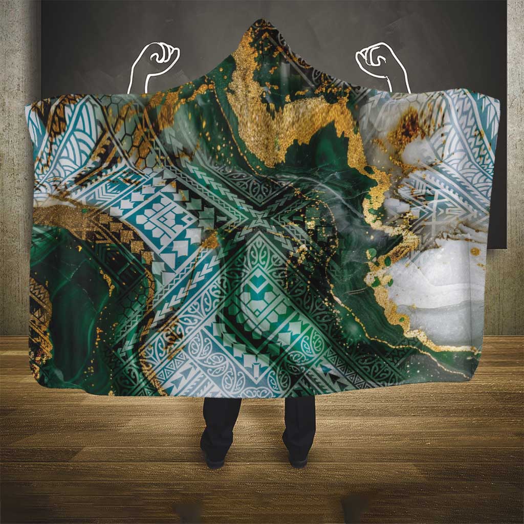 Polynesian Tribal Tattoo Hooded Blanket Green Marble Pattern