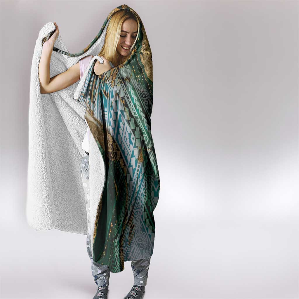 Polynesian Tribal Tattoo Hooded Blanket Green Marble Pattern