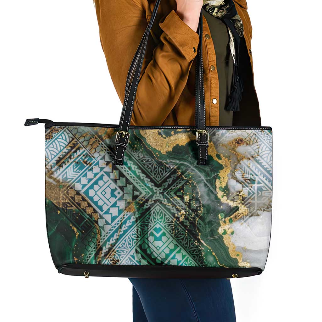 Polynesian Tribal Tattoo Leather Tote Bag Green Marble Pattern