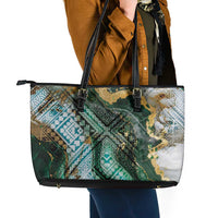 Polynesian Tribal Tattoo Leather Tote Bag Green Marble Pattern