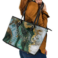 Polynesian Tribal Tattoo Leather Tote Bag Green Marble Pattern