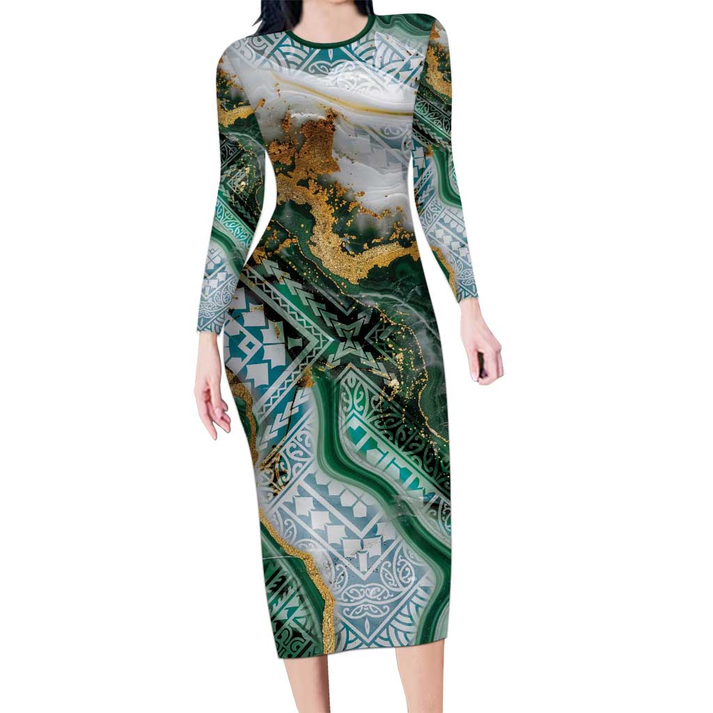 Polynesian Tribal Tattoo Long Sleeve Bodycon Dress Green Marble Pattern