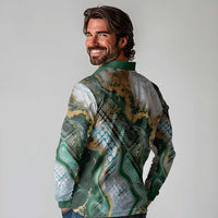 Polynesian Tribal Tattoo Long Sleeve Polo Shirt Green Marble Pattern