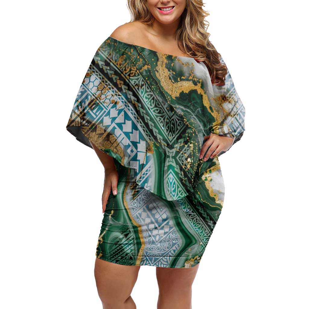 Polynesian Tribal Tattoo Off Shoulder Short Dress Green Marble Pattern