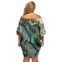 Polynesian Tribal Tattoo Off Shoulder Short Dress Green Marble Pattern