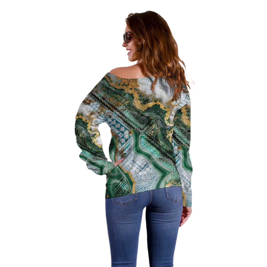 Polynesian Tribal Tattoo Off Shoulder Sweater Green Marble Pattern