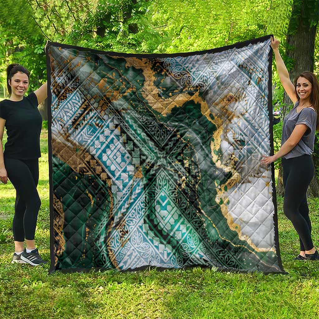 Polynesian Tribal Tattoo Quilt Green Marble Pattern