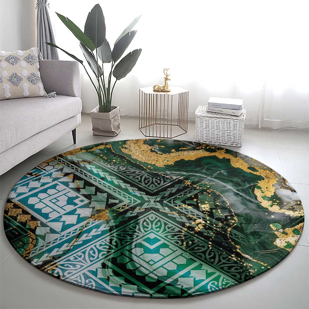 Polynesian Tribal Tattoo Round Carpet Green Marble Pattern LT9 - Polynesian Pride