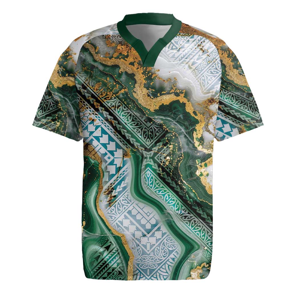 Polynesian Tribal Tattoo Rugby Jersey Green Marble Pattern