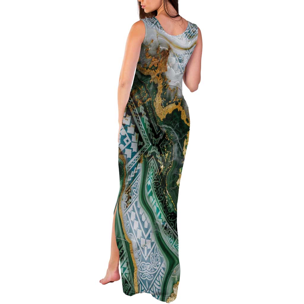 Polynesian Tribal Tattoo Tank Maxi Dress Green Marble Pattern