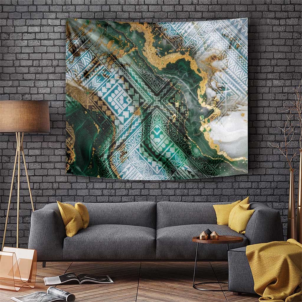 Polynesian Tribal Tattoo Tapestry Green Marble Pattern