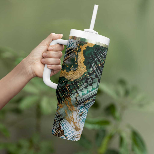 African Dashiki and Polynesian Pattern Tumbler With Handle Half Green-Gold LT9