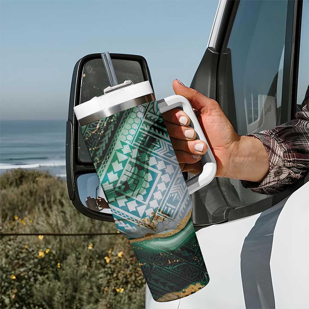 Polynesian Tribal Tattoo Tumbler With Handle Green Marble Pattern