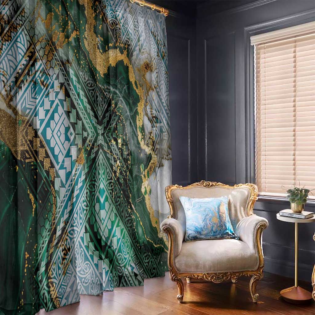 Polynesian Tribal Tattoo Window Curtain Green Marble Pattern